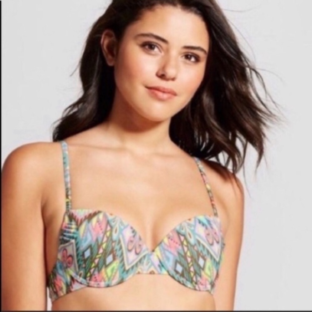 Xhilaration Green Pink Push Up Bikini Top XS Patterned Underwire Swim Colorful